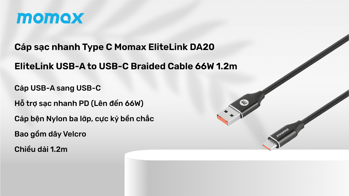 Cáp sạc nhanh Type C  dây bện 1.2m Momax EliteLink DA20