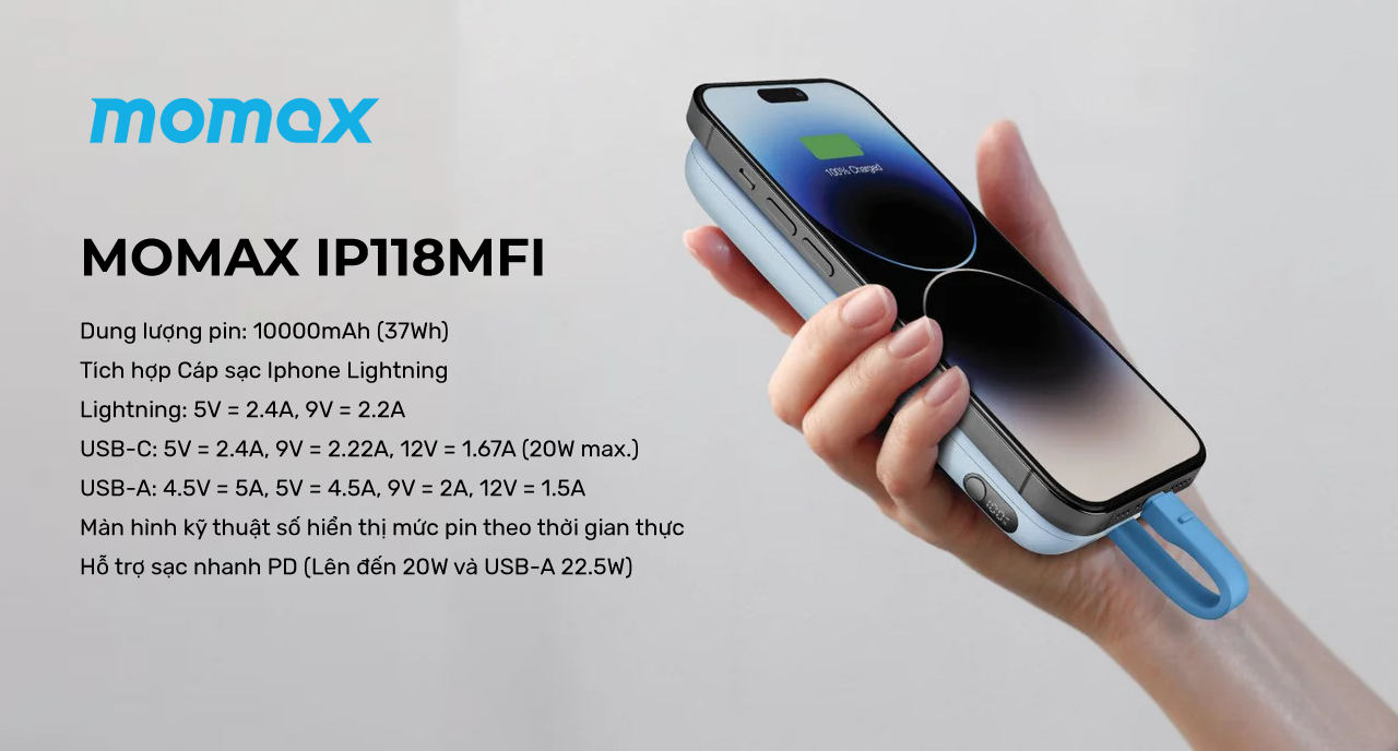 Pin Sạc Dự Phòng tích hợp cáp iphone 10000mAh MOMAX IP118MFI